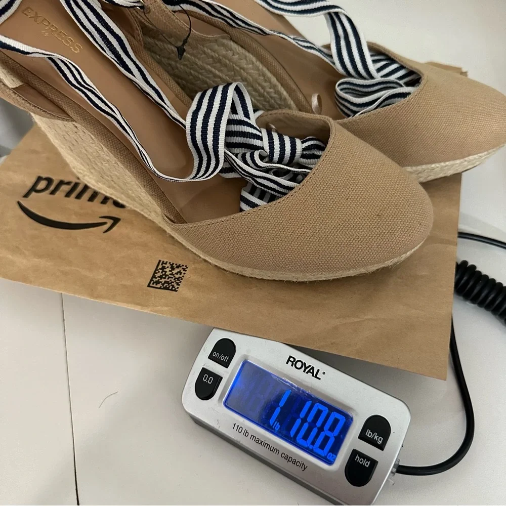 EXPRESS espadrille wedge Black/white Ribbon Ankle Wrap Fabric Tan size 9…